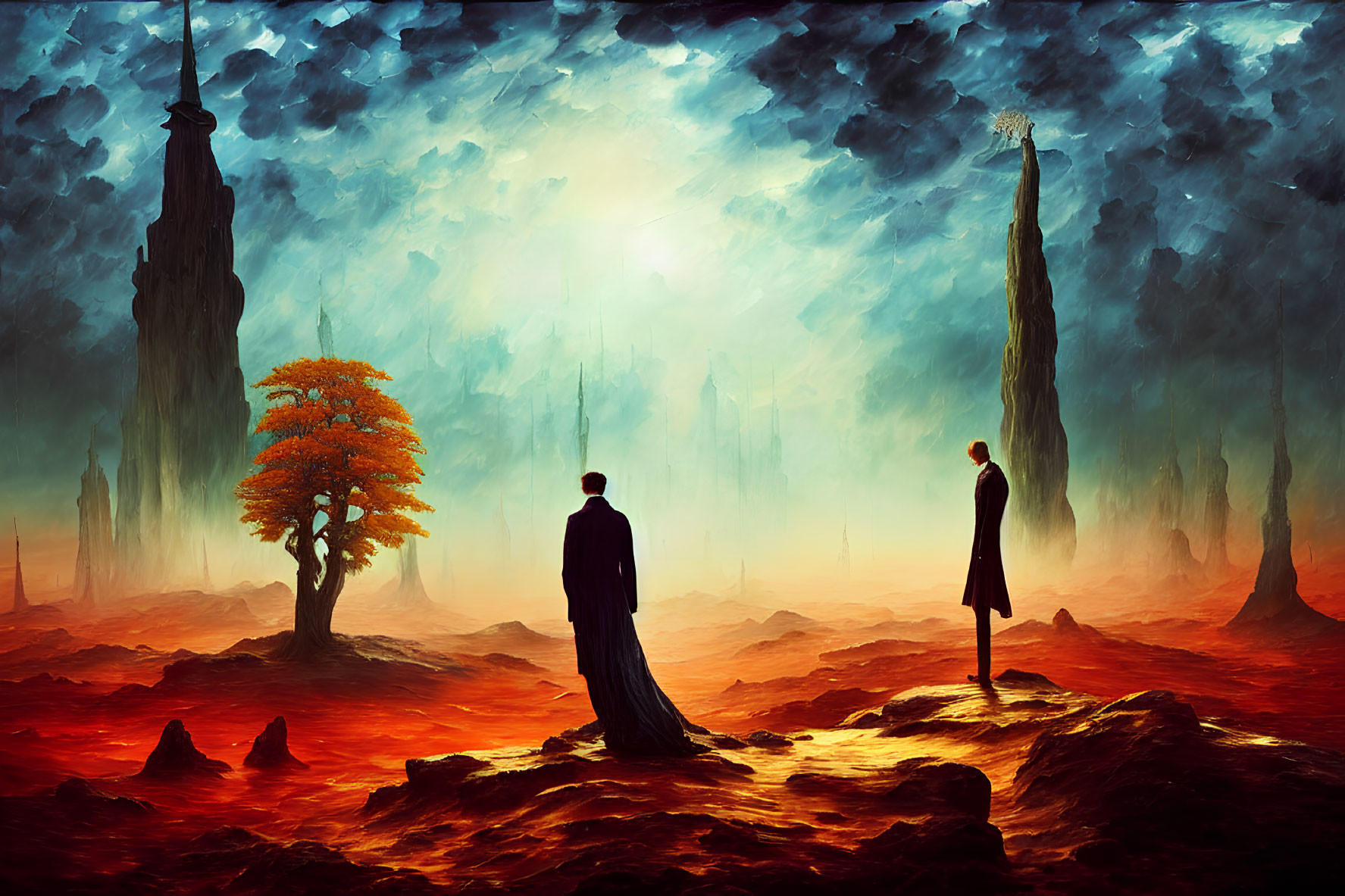 Surreal fiery landscape with silhouetted figures and lone tree