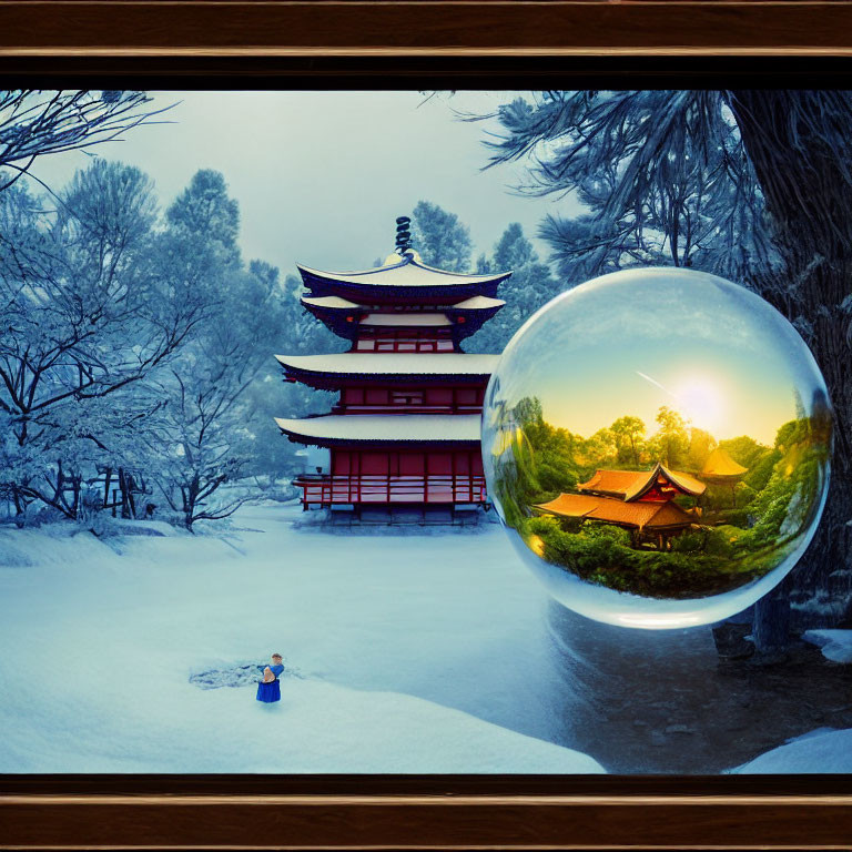 Child looking at crystal ball with warm temple and cold pagoda in background