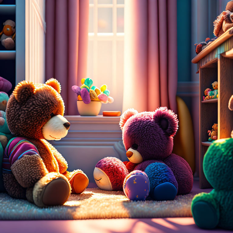 Sunlit Children's Room with Large Teddy Bear and Stuffed Toys