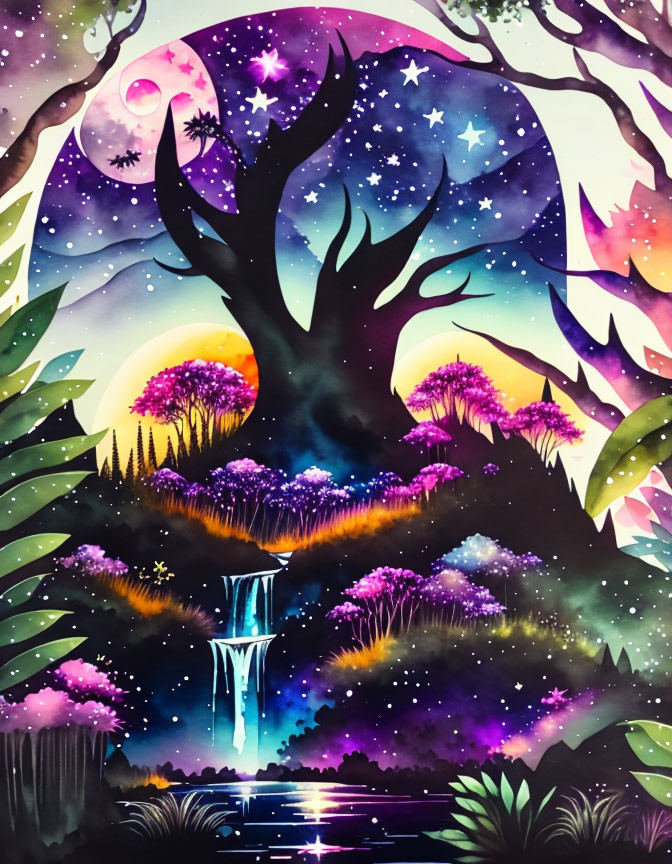 Whimsical night scene with tree silhouette and waterfall in vibrant watercolor