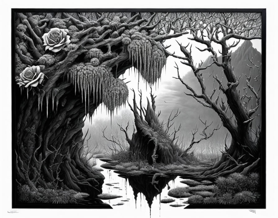 Monochromatic artwork of tranquil landscape with intertwined trees, hanging moss, and roses reflected in water