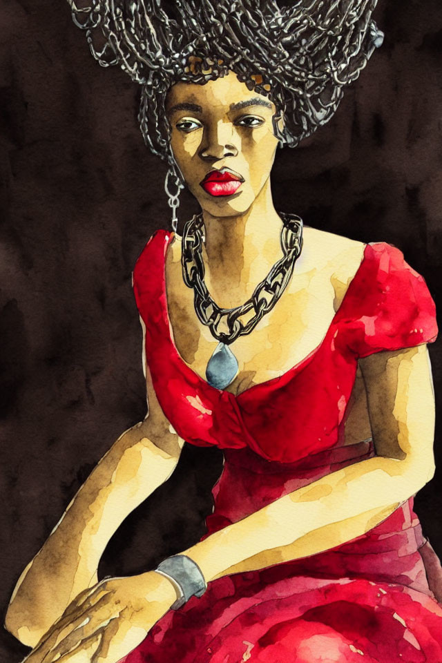 Watercolor painting of woman in red dress with afro and bold accessories