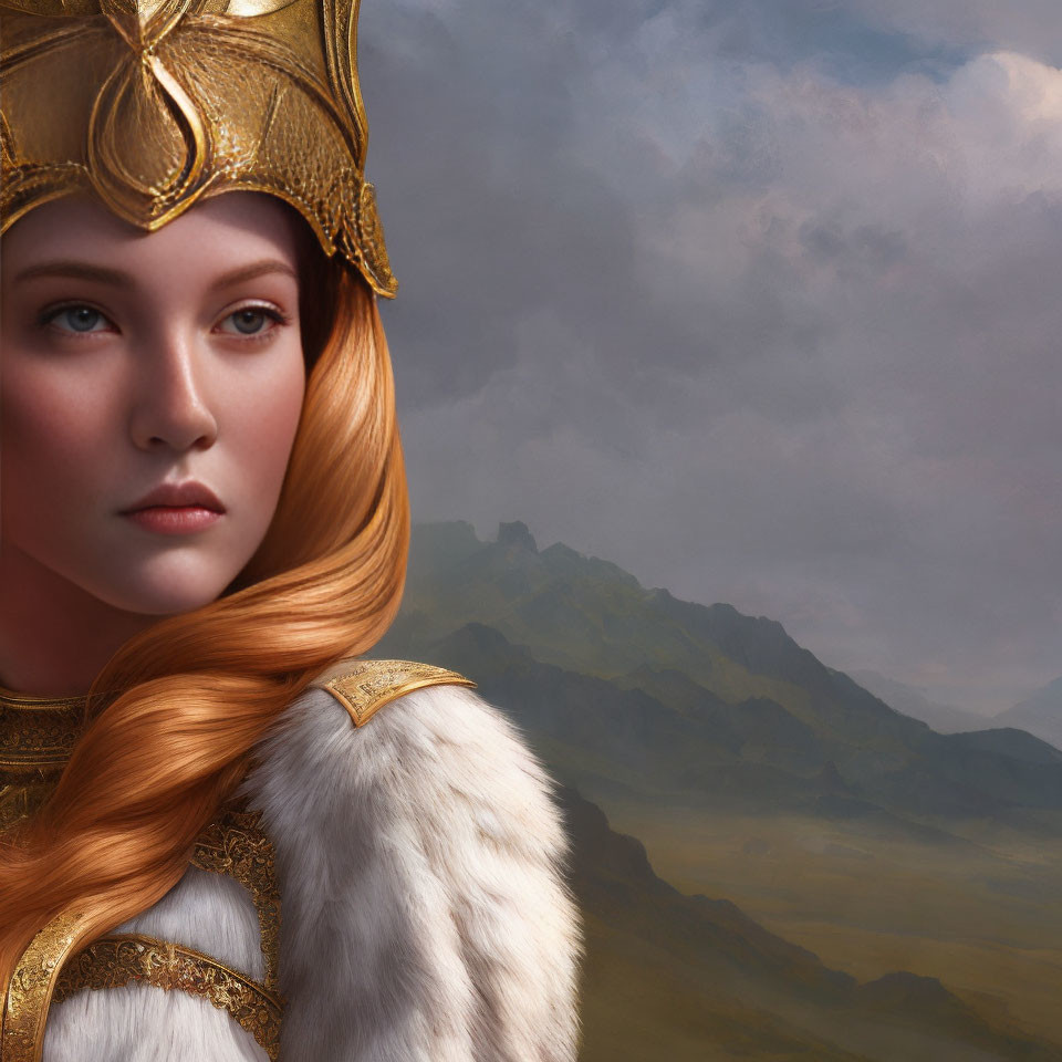 Regal woman in golden armor against mountain backdrop