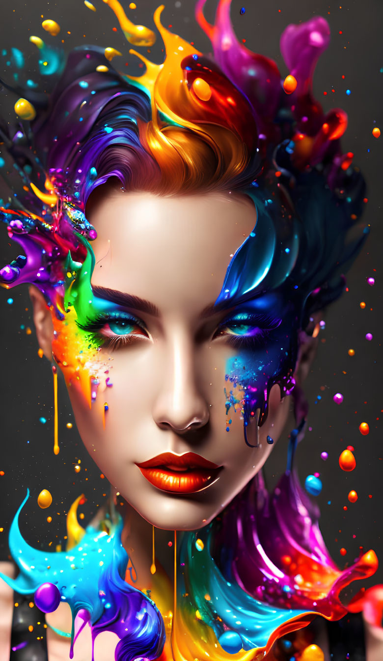 Vibrant woman with multicolored liquid splashes in digital art