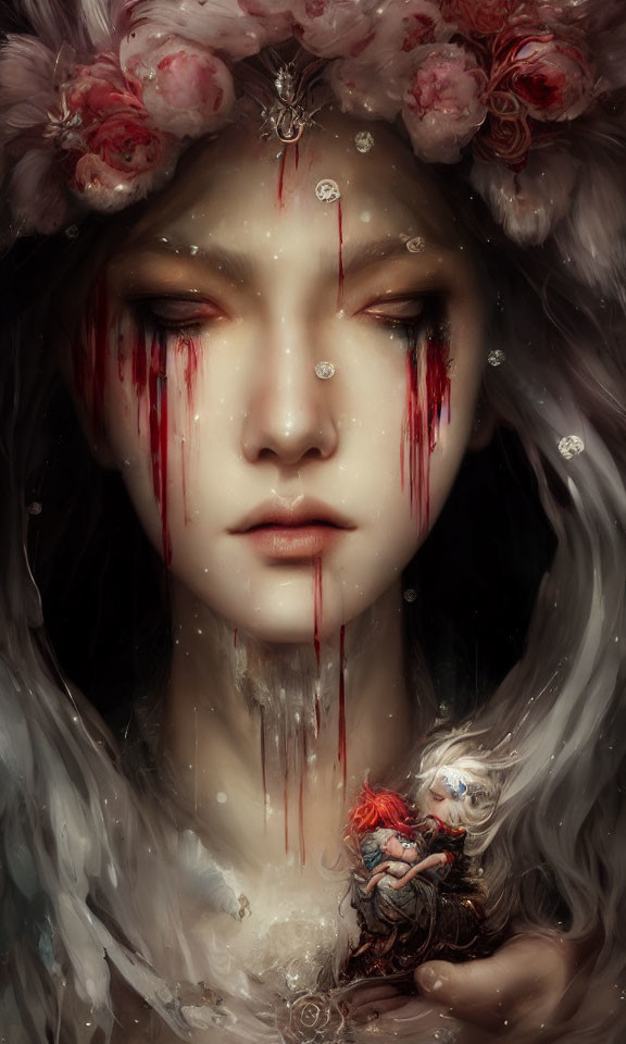 Surreal portrait of woman with tear-stained cheeks and bleeding eyes in mystical setting