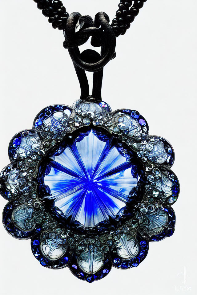 Blue Crystal Pendant with Black Filigree Frame and Braided Cord