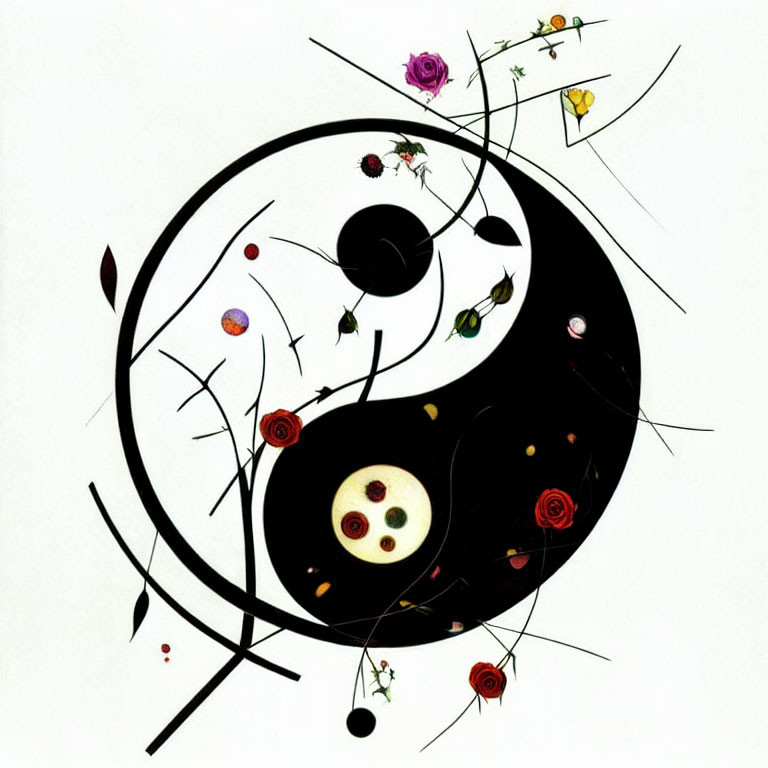 Cosmic Yin-Yang Symbol with Planets, Flowers, and Butterflies