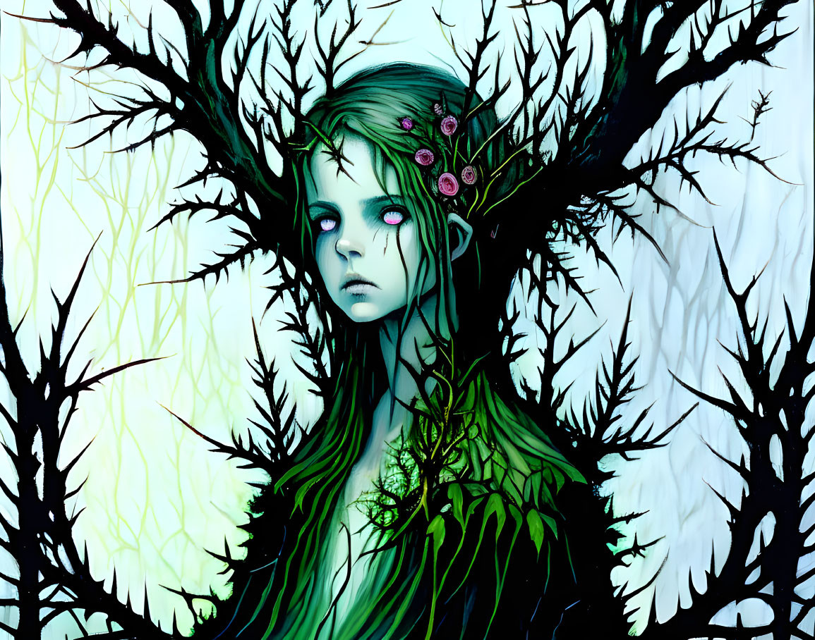 Female Figure with Green Hair and Flowers Merging with Black Tree Branches on Pale Background