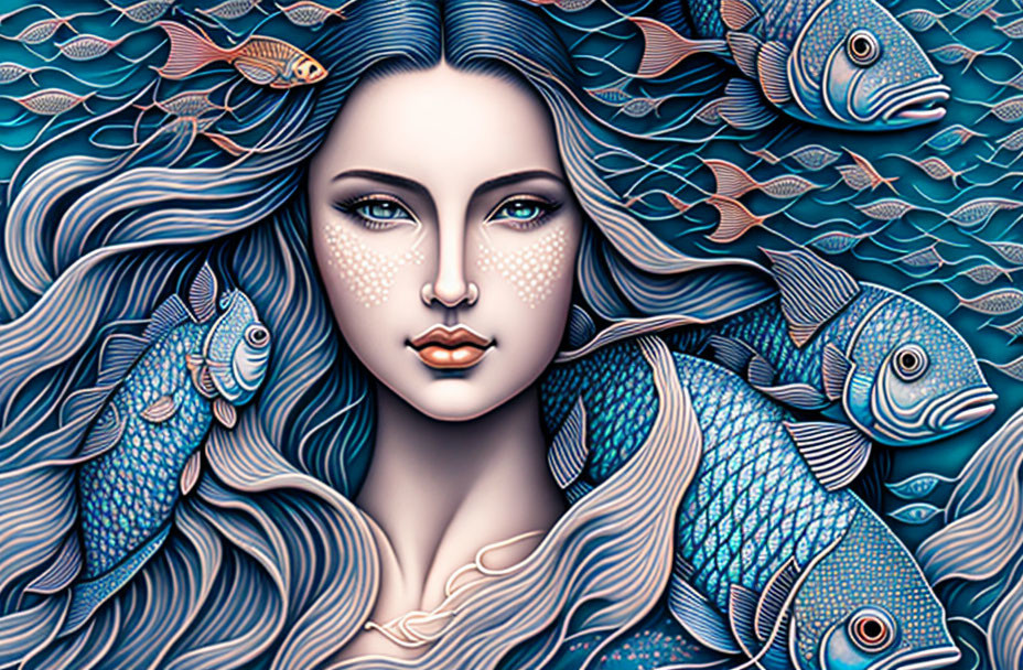 Illustration of woman with flowing hair merging into waves and surrounded by blue fish in serene aquatic theme