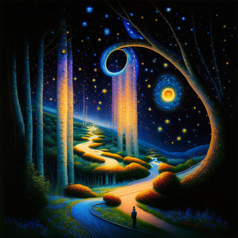 Whimsical night scene with starry sky, glowing trees, winding path, solitary figure