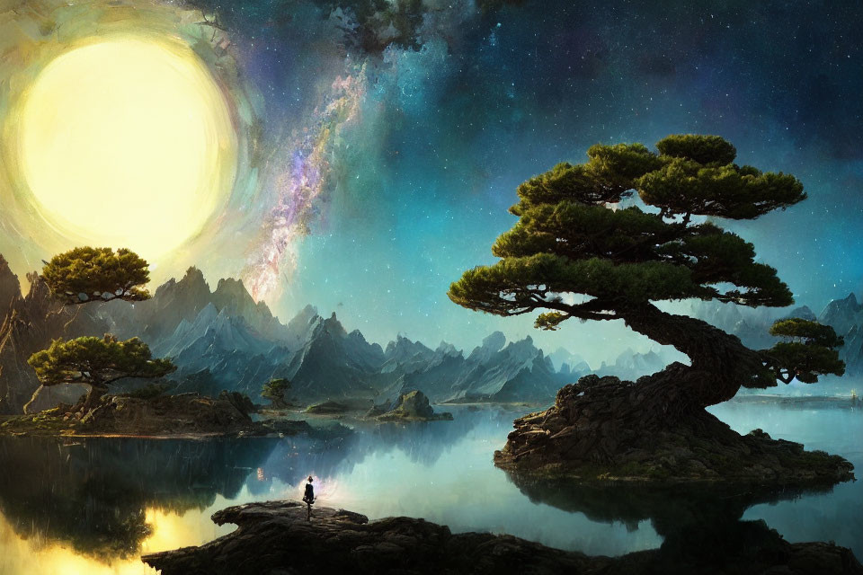 Person standing on rock in surreal landscape overlooking serene lake with islands under sun and galaxy