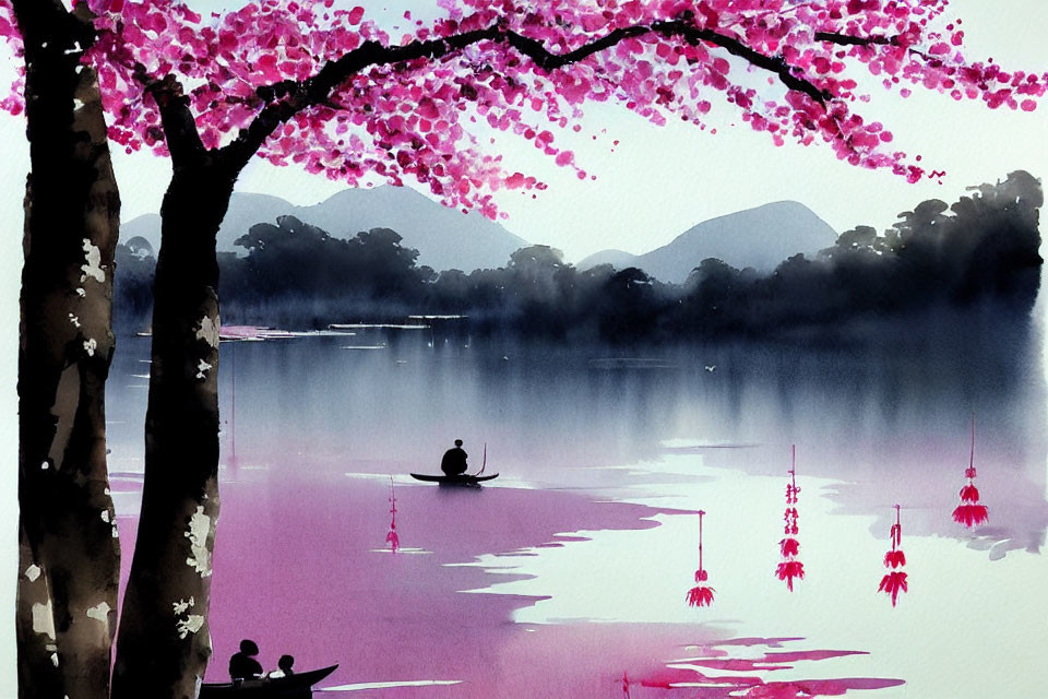 Tranquil watercolor painting of a serene lake with boat, cherry blossom tree, and mountains.