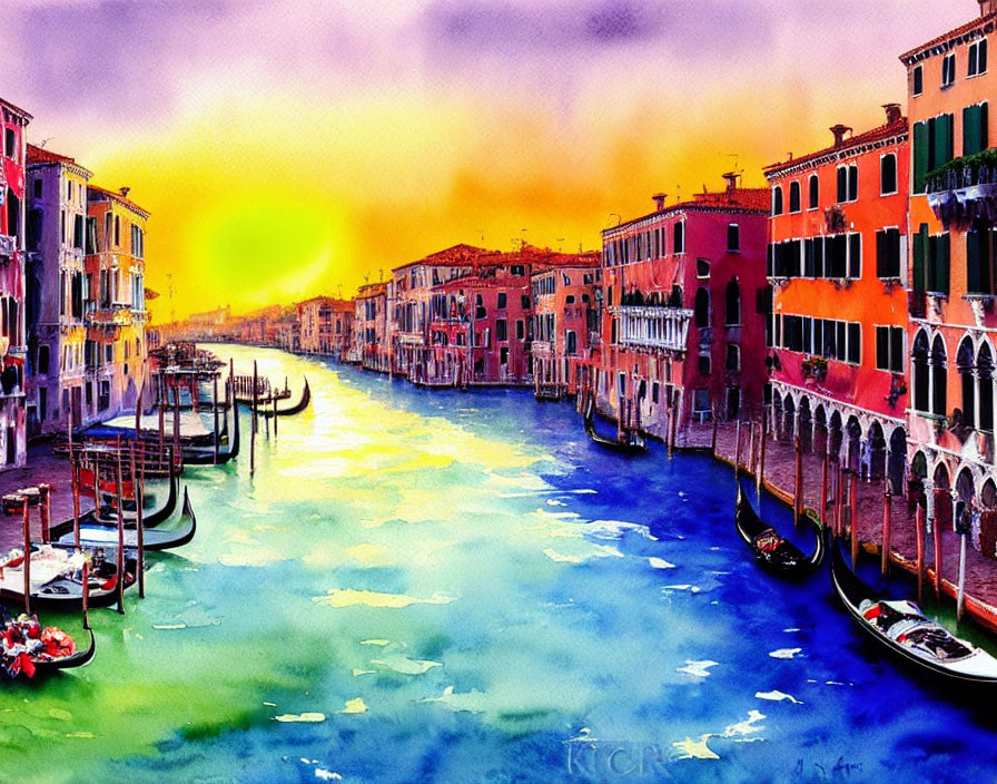 Venice Canal Watercolor Painting with Gondolas and Sunset Sky