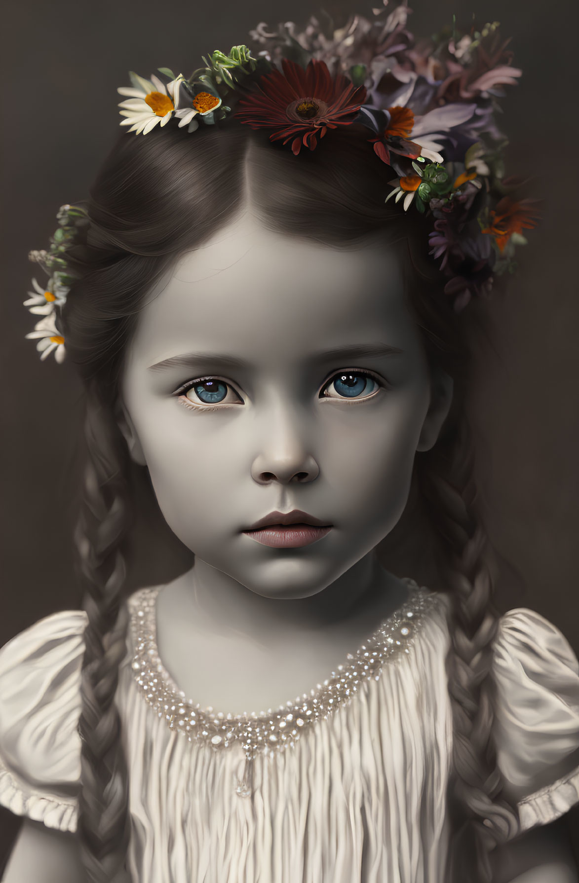 Portrait of young girl with blue eyes, floral crown, braided hair, cream dress, pearl necklace