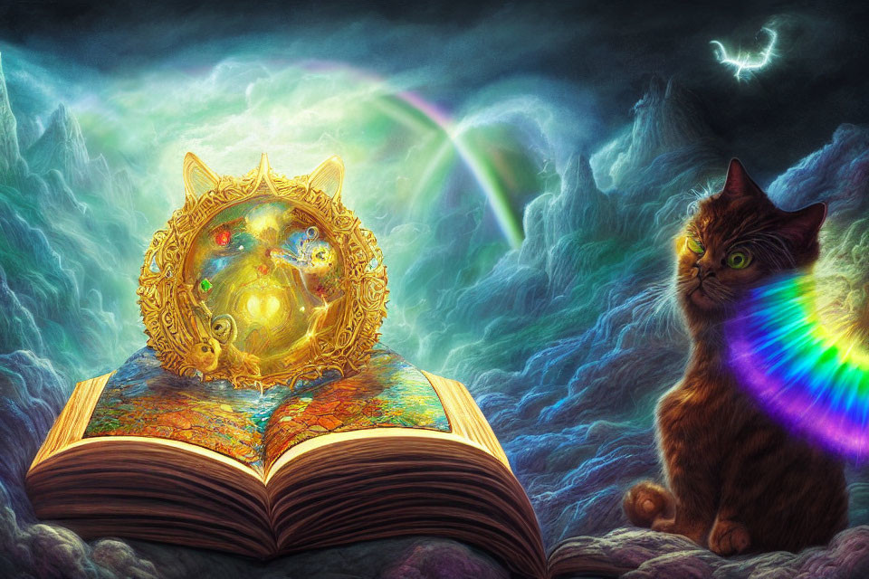 Ornate book with rainbow light, cat, compass, and northern lights in background