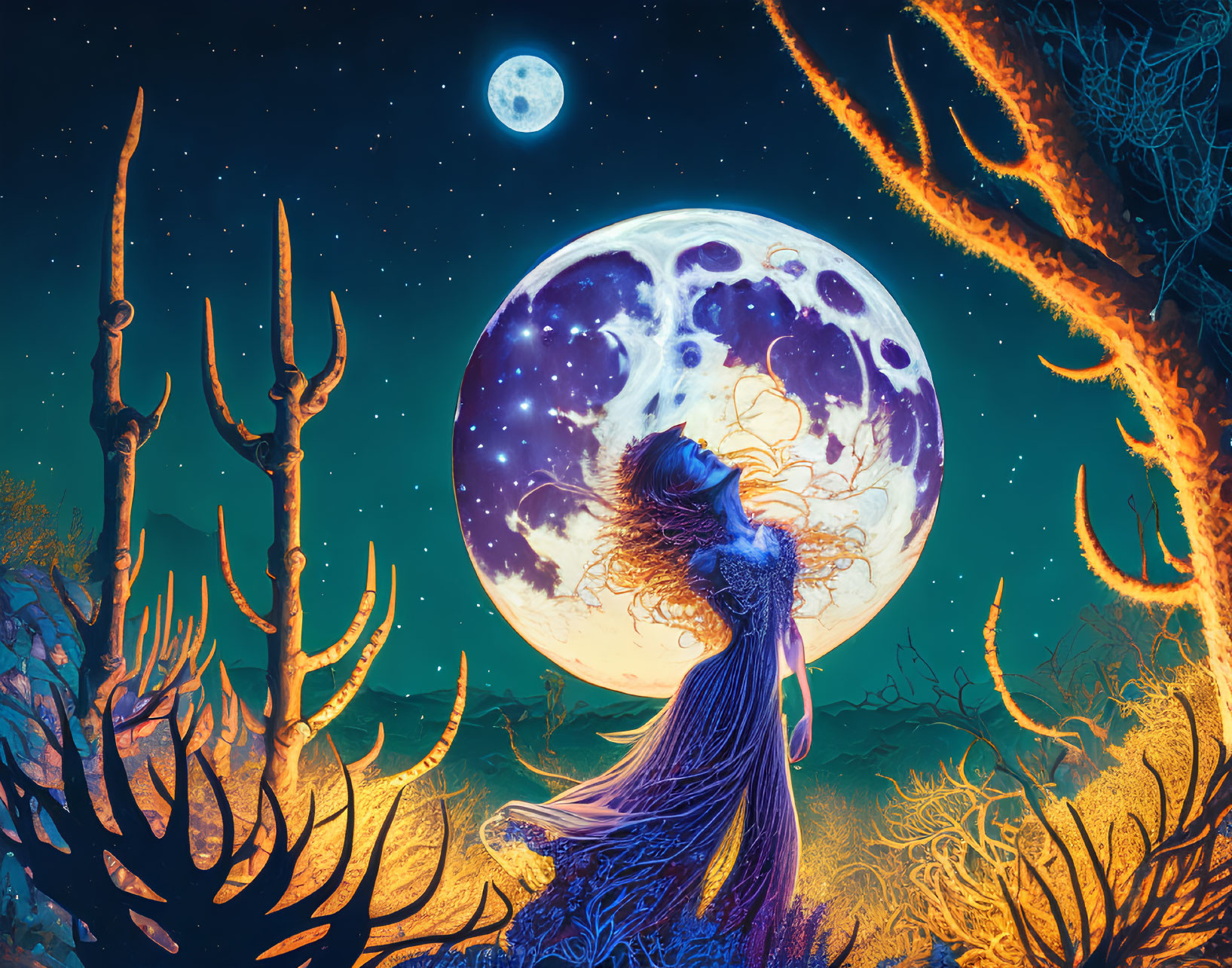 Woman in flowing dress under starry sky with detailed moon in vibrant, mystical landscape