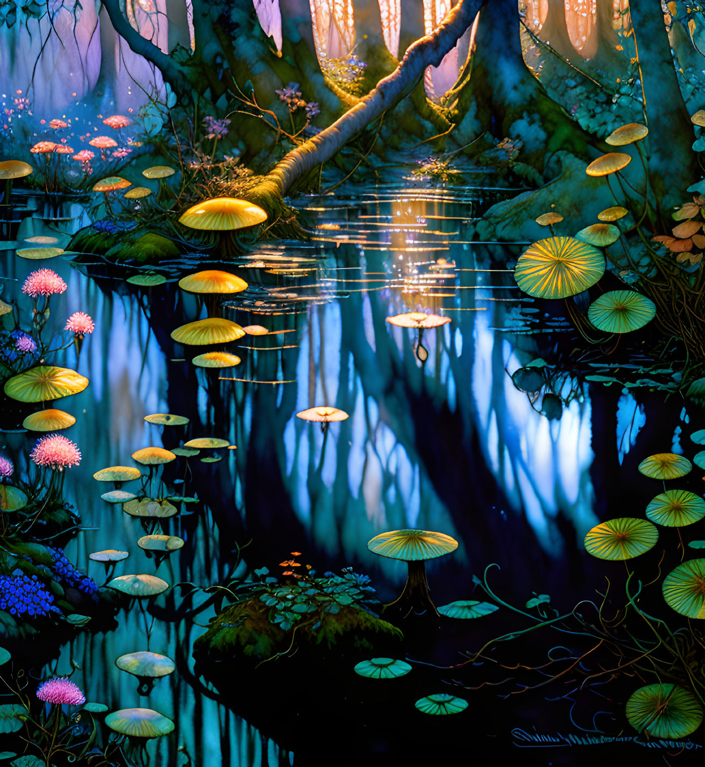 Luminous mushrooms and plants in enchanted forest by serene lake