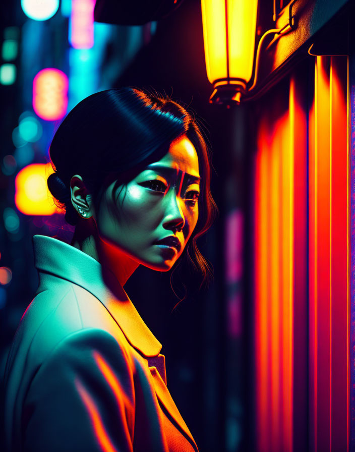 Woman in neon-lit urban setting with vibrant lights casting shadows