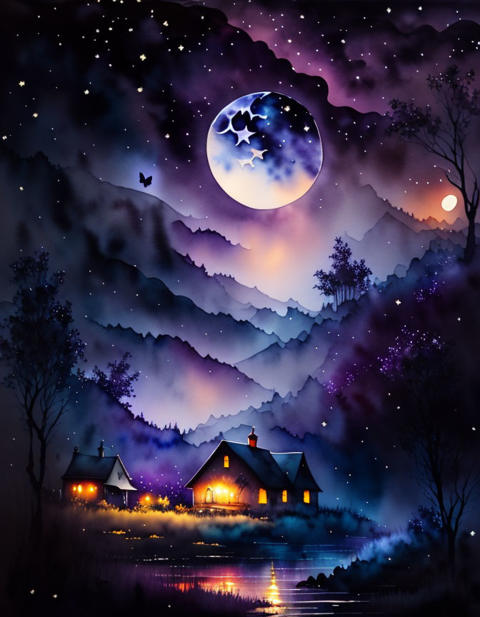 Tranquil night scene with full moon, mountains, cottages, lake