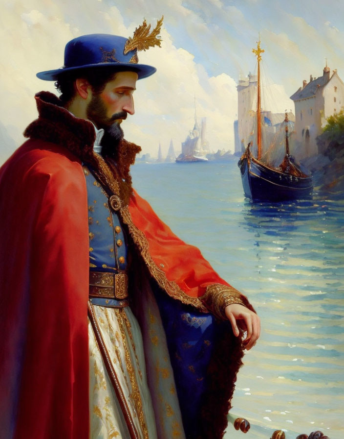 Regal figure in blue hat and red cloak by the sea with ships and coastal town.