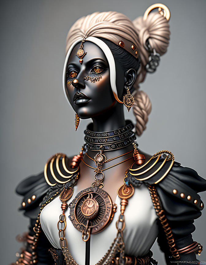 Digital artwork featuring woman with dark skin, white hair, and elaborate gold jewelry.