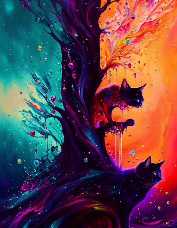 Colorful Tree Artwork with Cats in Abstract Background