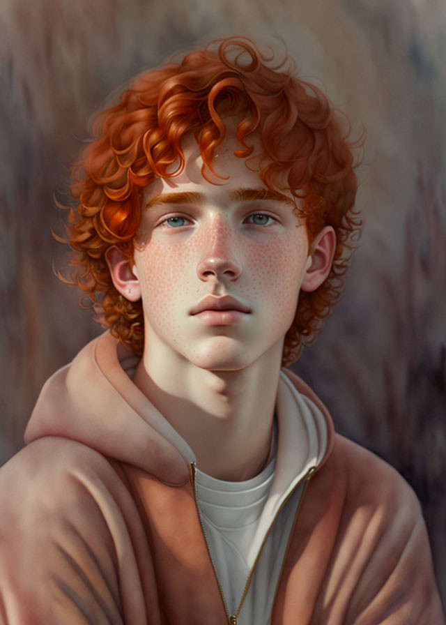 Portrait of a young person with red curly hair and freckles in white shirt and pink hoodie