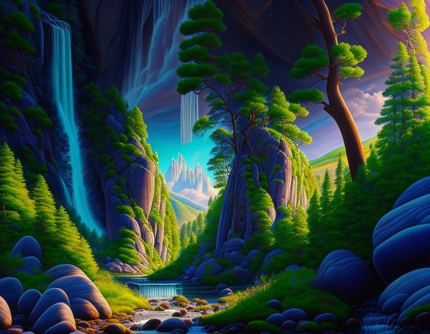 Fantasy landscape with waterfall, forests, river, and mountains