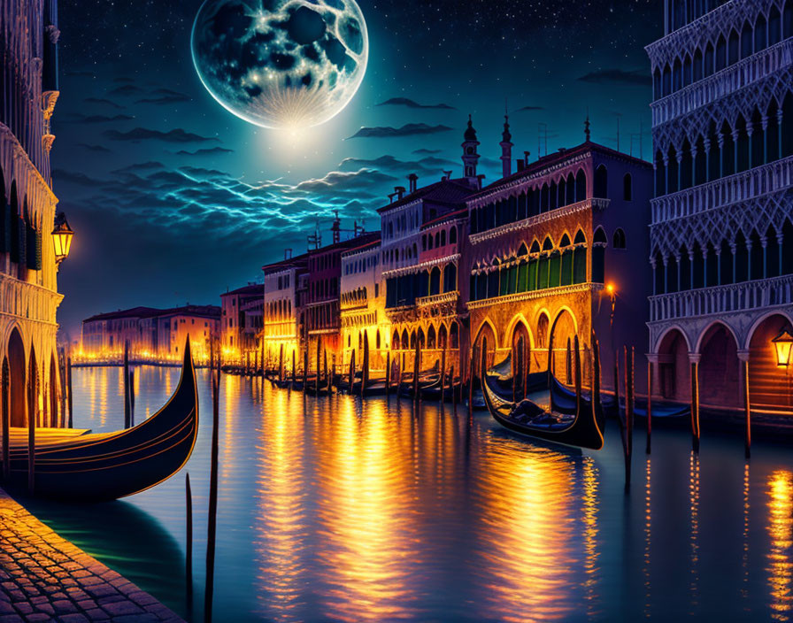 Venice Night Scene with Illuminated Buildings and Gondolas