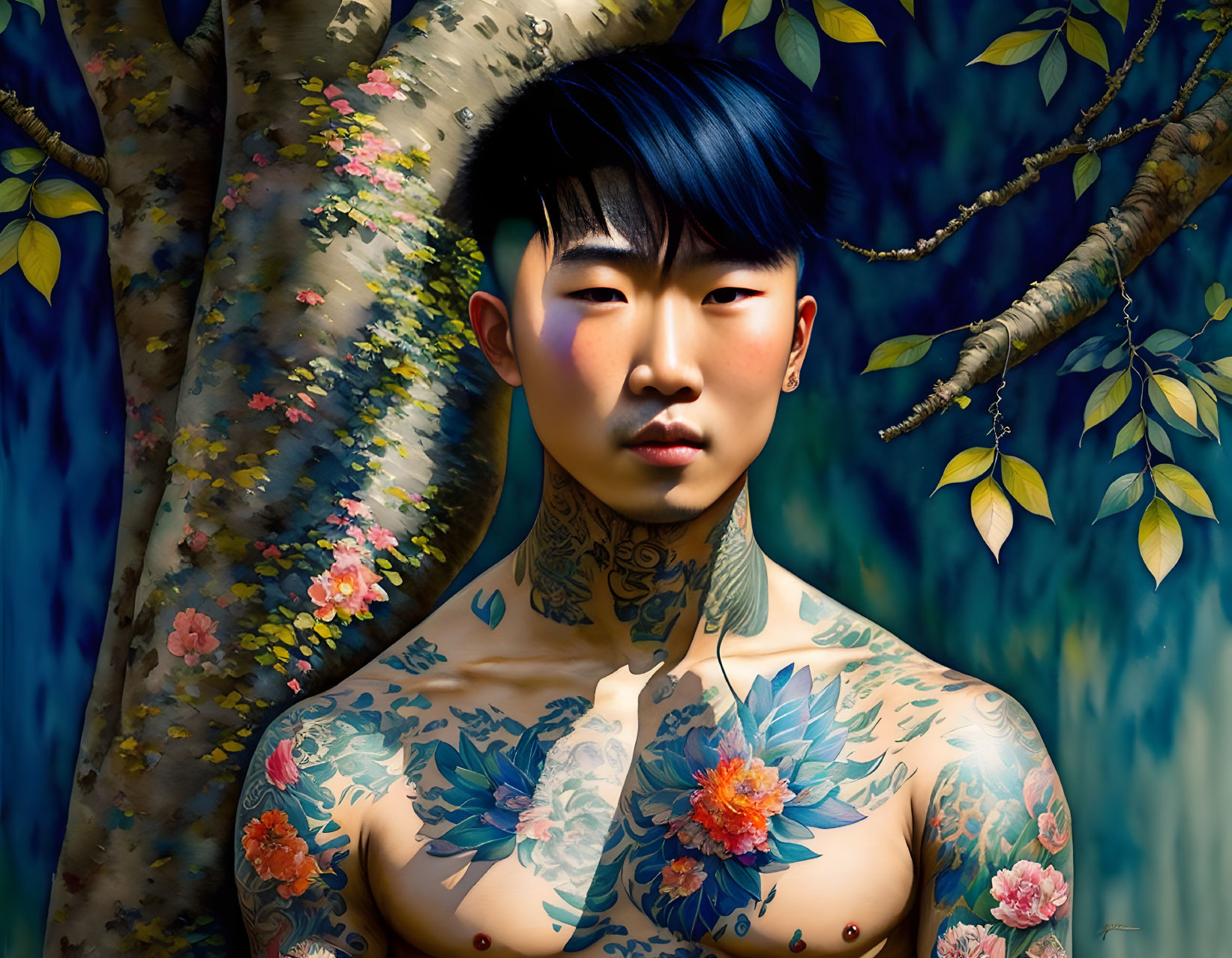 Portrait of person with blue hair and floral tattoos against tree and flowers