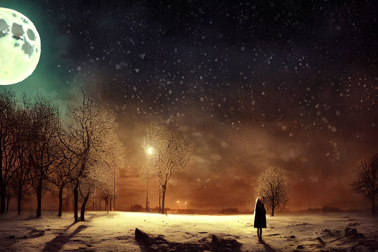 Solitary figure in snowy night landscape with full moon and streetlight