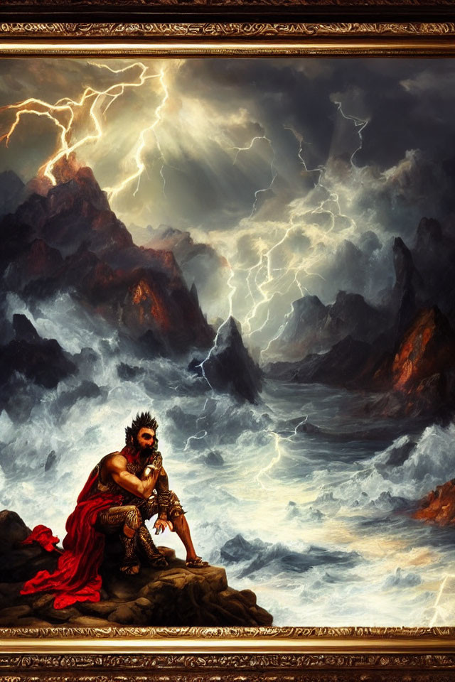 Regal figure in red robes overlooking turbulent sea with lightning-filled skies