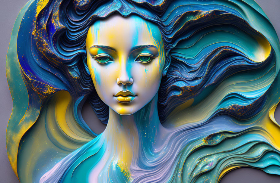 Blue-skinned female figure with marbled blue, gold, and white hair in digital art