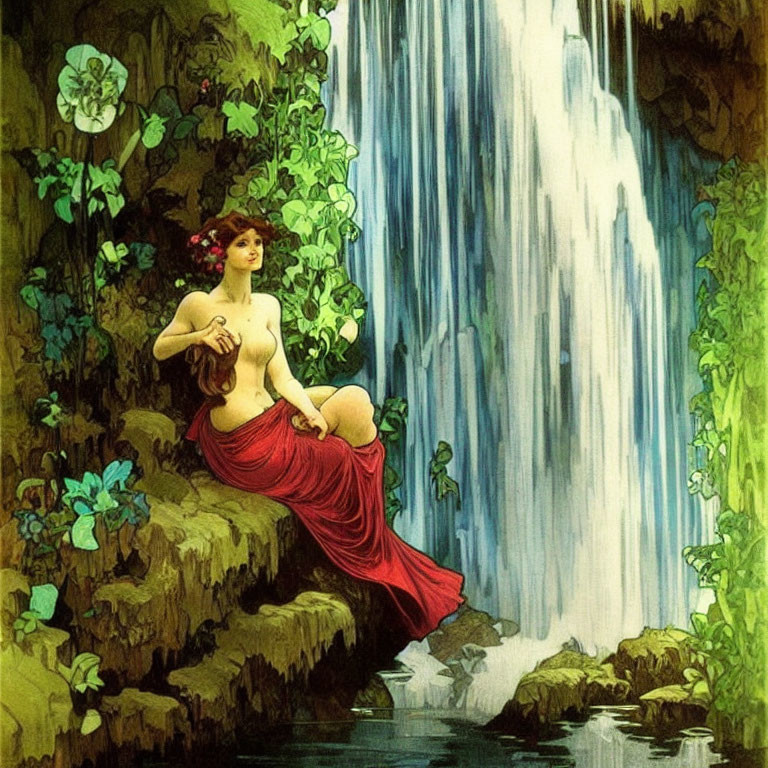 Woman with Red Drapery Seated by Waterfall in Lush Setting