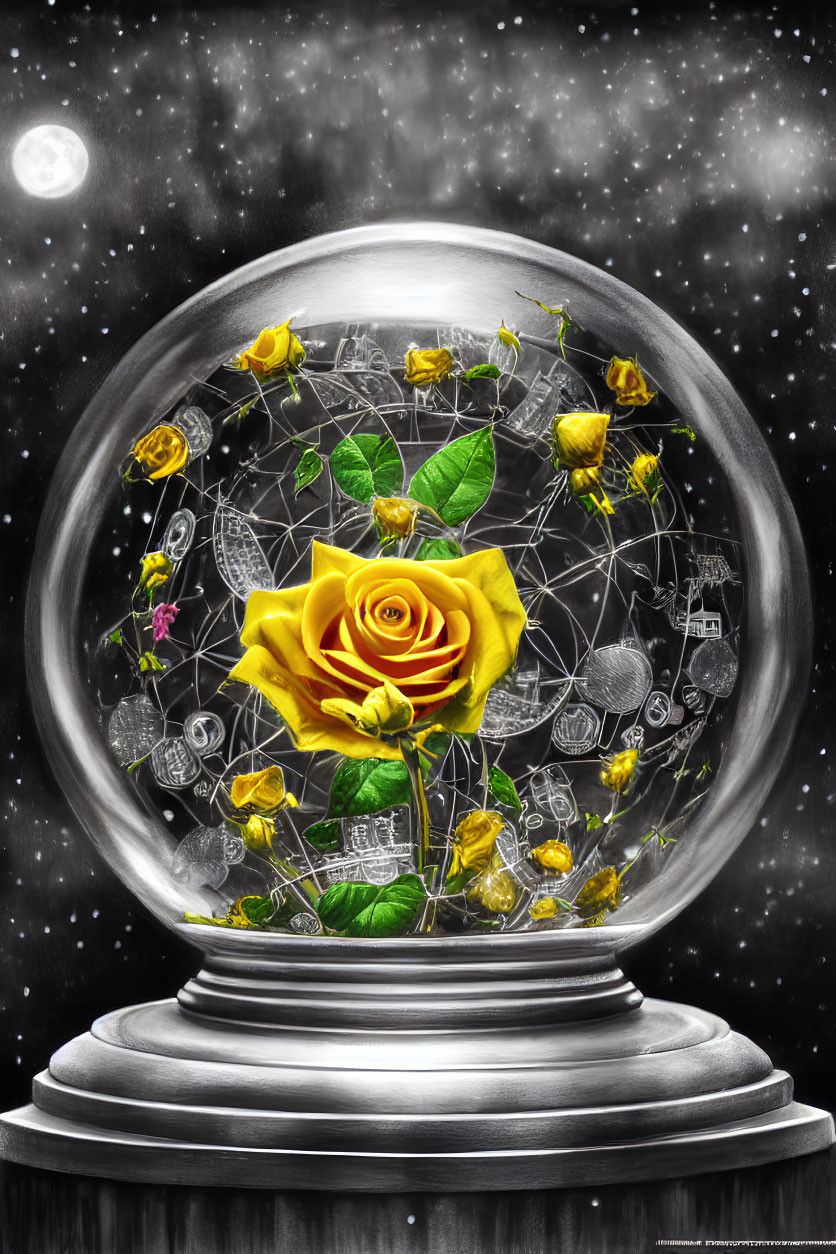 Vibrant yellow rose in glass sphere with geometric patterns and starry background