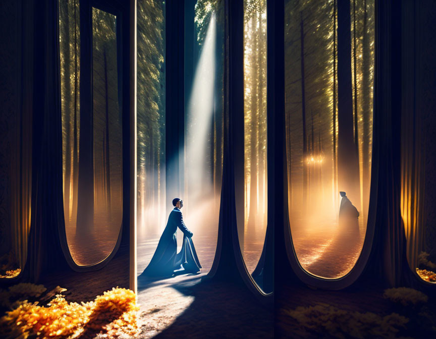 Person in flowing gown in sunlit forest with surreal tree trunks