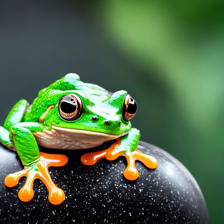 Vivid green frog with orange feet and eye patterns on dark sphere