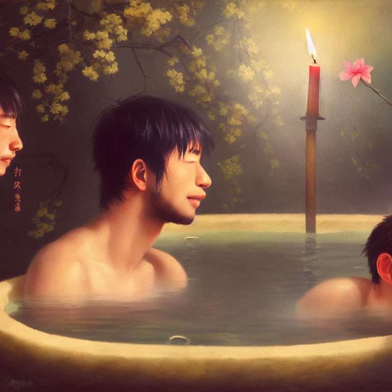 Tranquil hot spring scene with three people and yellow blossoms