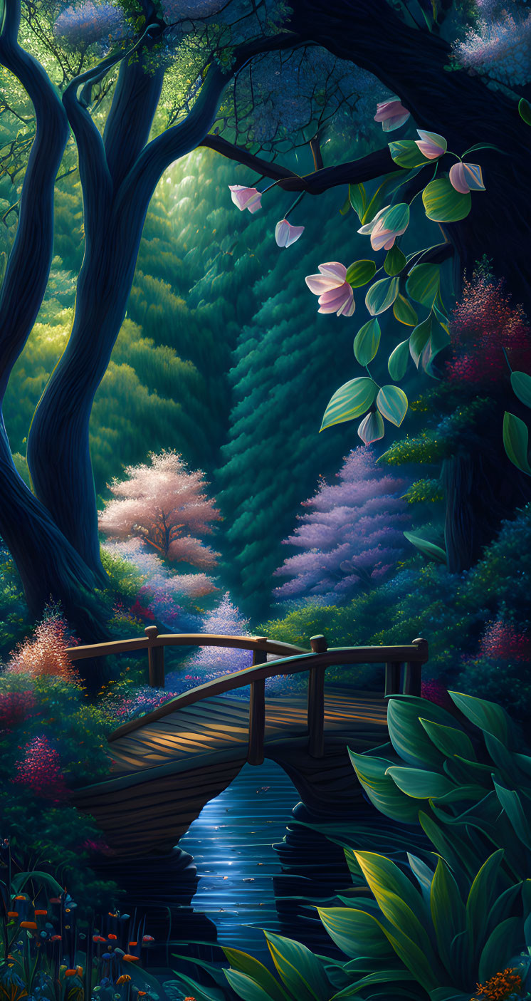 Serene forest scene with wooden bridge and lush vegetation