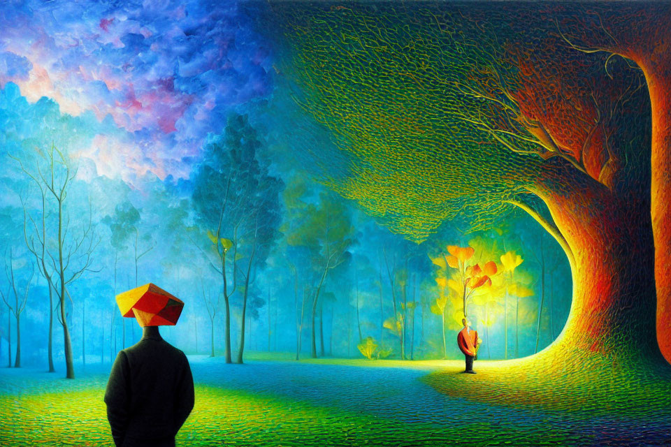 Colorful painting of person with multicolored umbrella in surreal forest