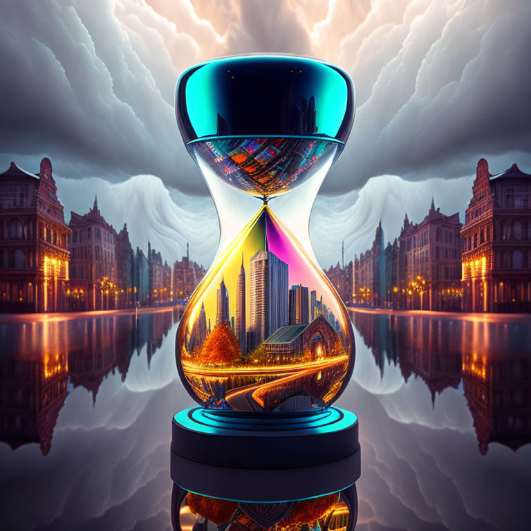 Surreal cityscape hourglass reflecting day and night against dramatic cloud backdrop