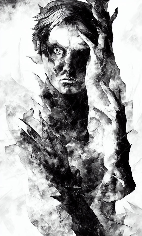 Monochrome portrait with intense gaze and fragmented structures