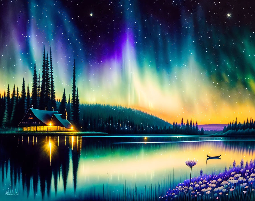 Scenic painting of aurora borealis over lake with cabin and fish jumping