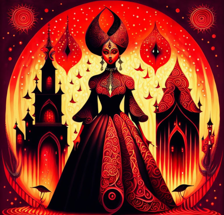 Stylized woman with flame crown in red dress against whimsical backdrop