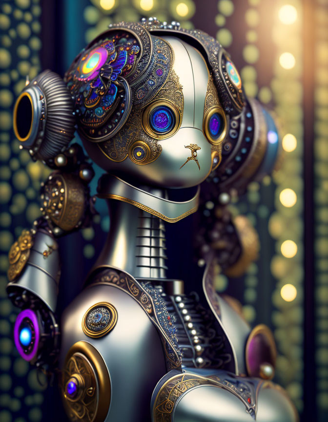 Intricately designed robot with glowing blue elements on light bokeh backdrop