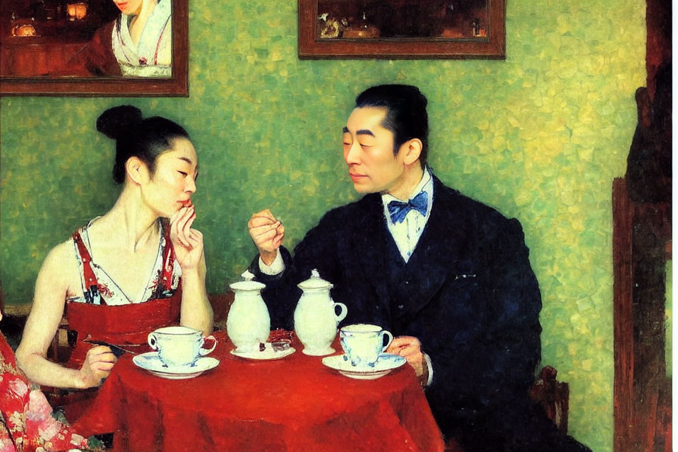 Asian couple having tea in traditional room.