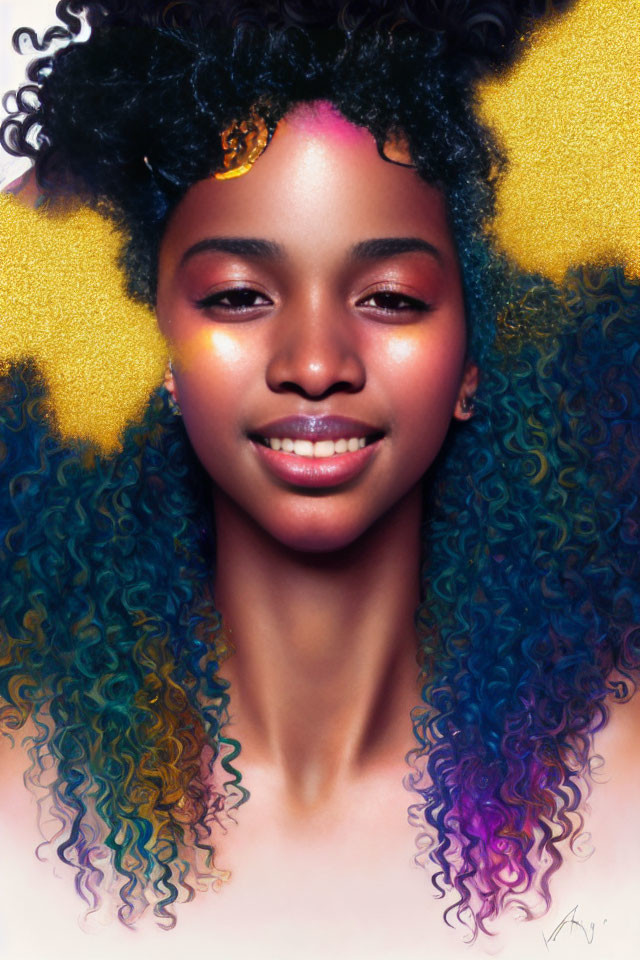 Colorful portrait of smiling woman with curly hair and golden headpiece