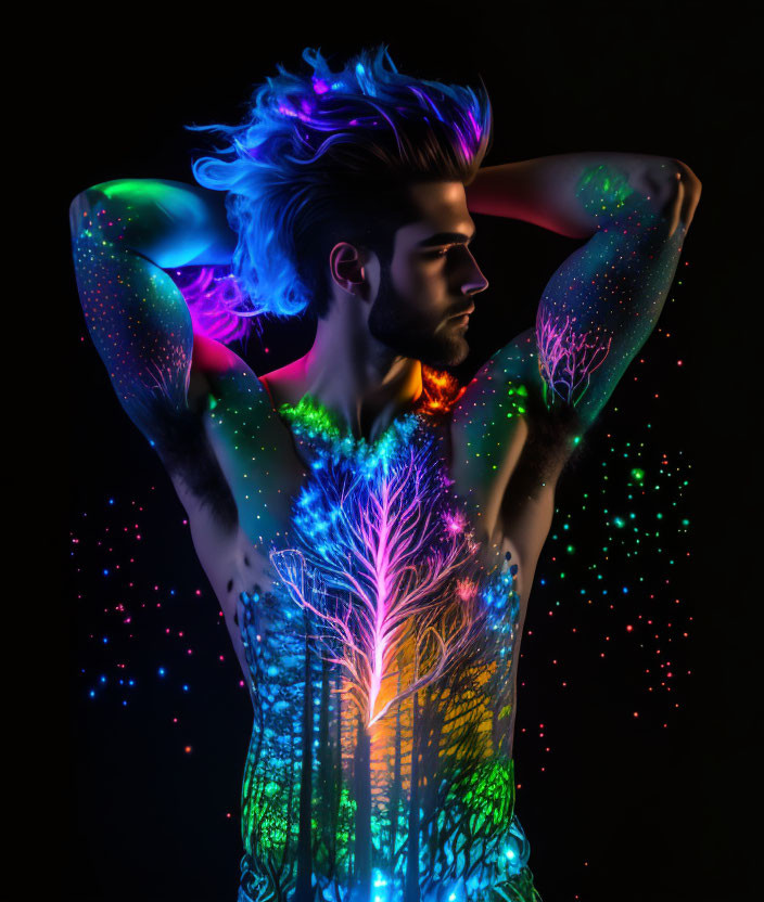 Man with neon glow makeup and tree patterns against dark background