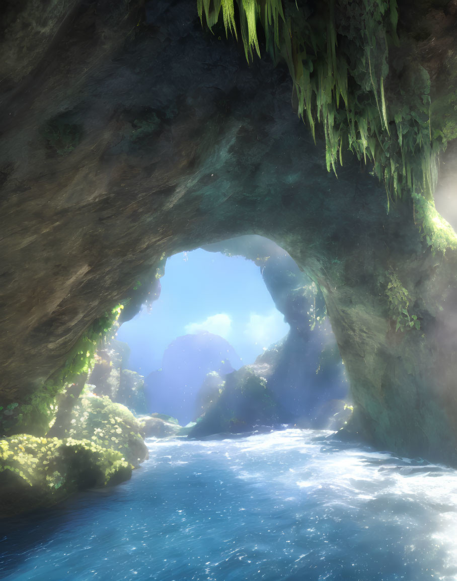 Natural cave with sunlight filtering through, vibrant blue water, and lush greenery.