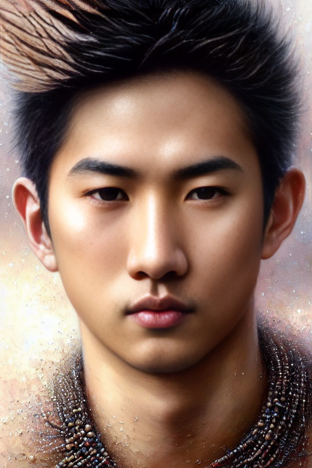 Textured hair man portrait with intense gaze and cosmic backdrop